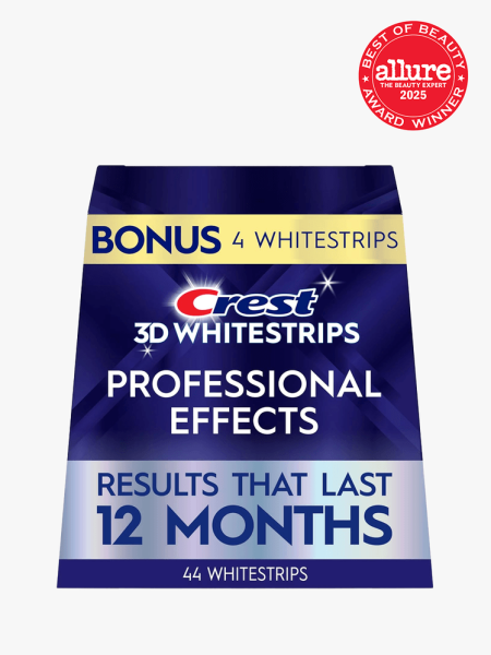 Crest 3D Whitestrips in branded component on a light gray background with best of beauty 2025 seal in the top right corner
