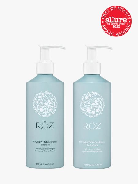 Roz Foundation Hydrating Shampoo and Conditioner in branded components on a light gray background with 2023 best of beauty seal in the top right corner