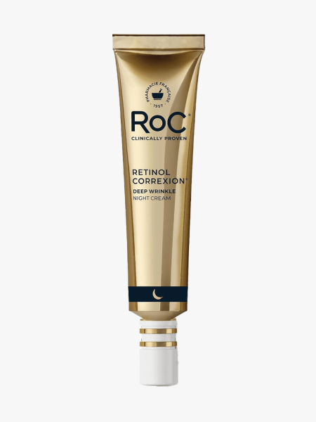 RoC Retinol Correxion Deep Wrinkle Night Cream in branded tube component on a light gray background