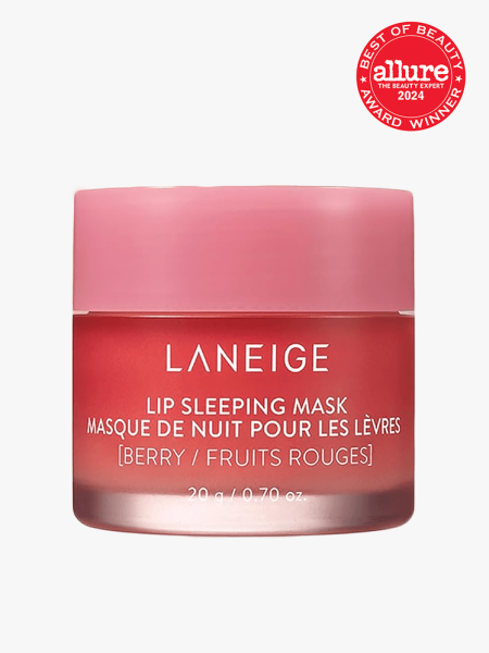 Laneige Lip Sleeping Mask in branded component on a light gray background with best of beauty seal in the top right corner