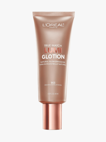 L'Oreal Paris Makeup True Match Lumi Glotion in branded tube component on a light gray background